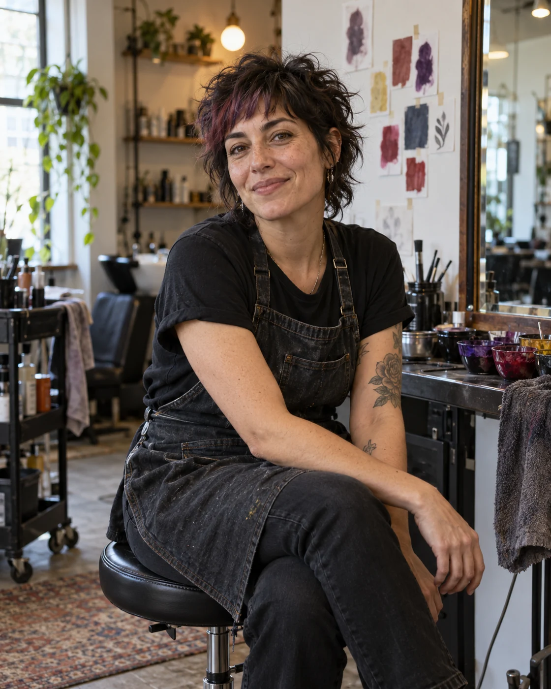 Jules Arden, fictional colourist, sitting at a salon workstation