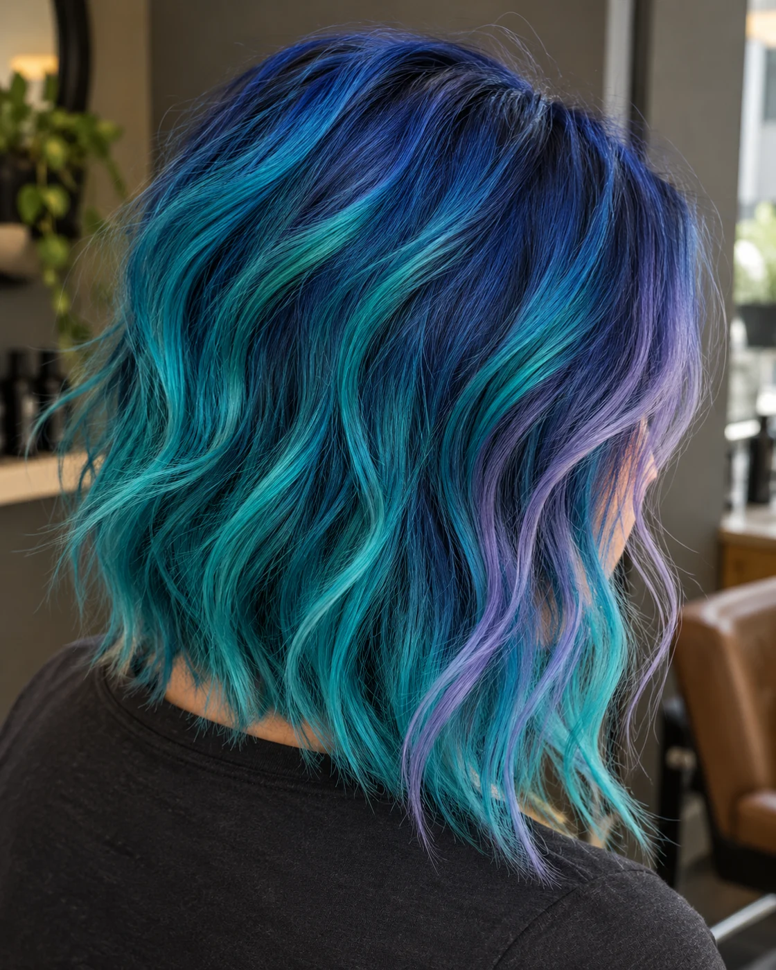 Teal and lavender colour on a softly waved bob