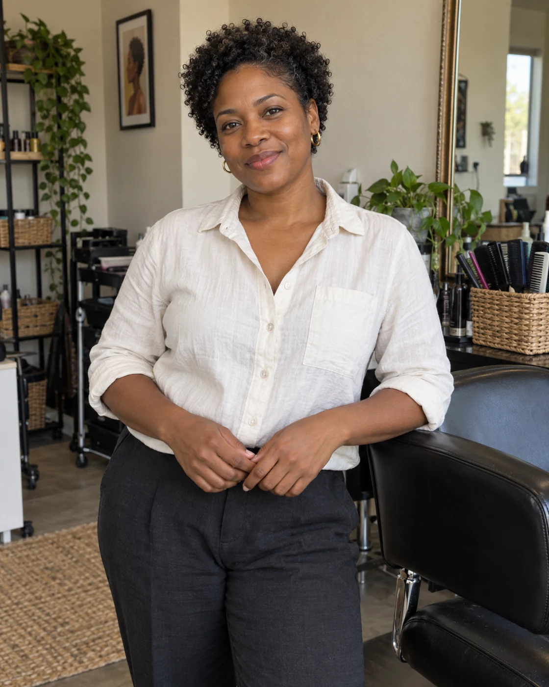 Nia Brooks, fictional braid artist, in her studio