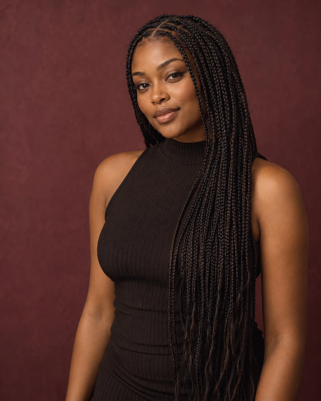 Long, finely braided hair falling over one shoulder, with clean partings and natural texture